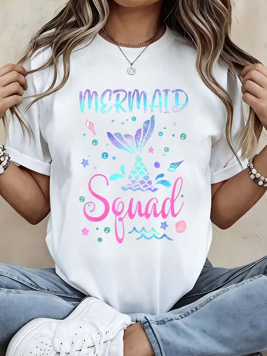 T-Shirt For Women - Cute Mermaid Print Graphic Tee With Rainbow Colors, Fun Summer Top For Beach And Party Outfits, Casual White Short Sleeve Shirt - 白色 - 查看 1