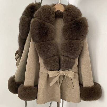 OFTBUY Solid Color Faux Fur Collar Belted Woolen Coat, Casual Street Style For Autumn/Winter
