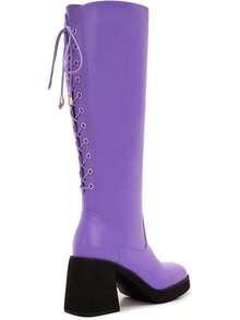 Wide Calf Knee High Boots For Women – Plus Size Chunky Heel Boots With Adjustable Lace-Up Backhalloween - Màu tím - Xem 11