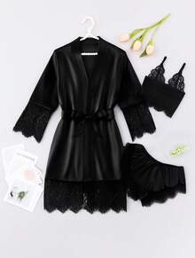 Set Bata Satin de 3 Pzas Bata Bralette Short Encaje  Comodo Fresca Sexy Mujer - Negro - Ver 1