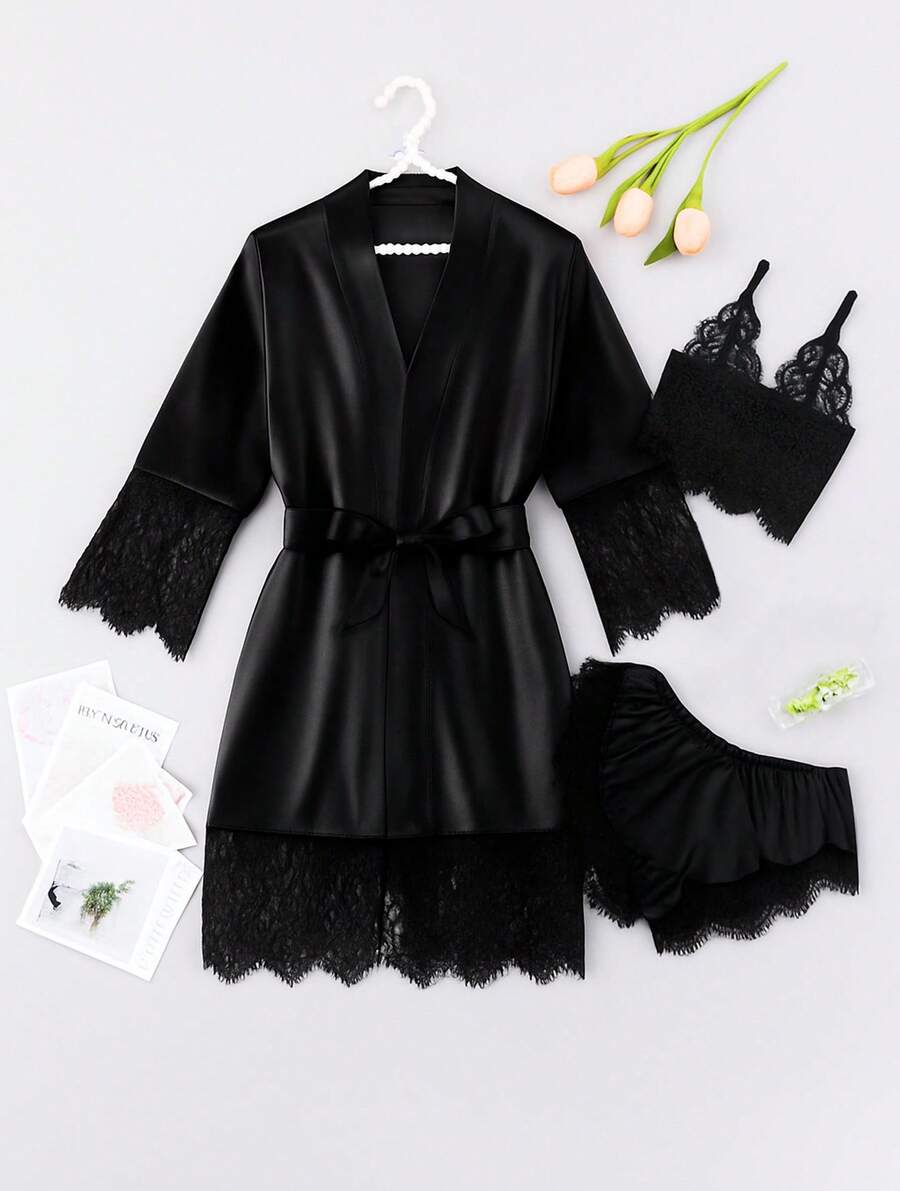 Set Bata Satin de 3 Pzas Bata Bralette Short Encaje  Comodo Fresca Sexy Mujer - Negro - Ver 1