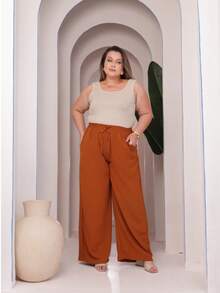 Wide Leg Pants With Elastic Waist Simple Casual Elegant Cloth Pocket - Camel - View 3