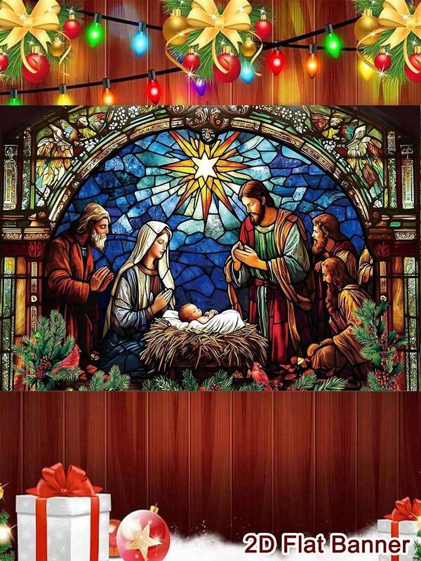 1 pieza Telón de fondo de poliéster con escena de nacimiento de Jesús y Feliz Navidad, pancarta colgante religiosa de la Natividad, decoración navideña para el hogar 2025, decoraciones de Año Nuevo 2026, tela de fondo para festivales, tapiz decorativo colgante de pared para el hogar, decoración 2D plana