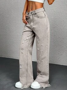Jeans rectos y sueltos de uso diario con efecto desgastado en los bordes del cabello, de estilo vintage y casual para mujer