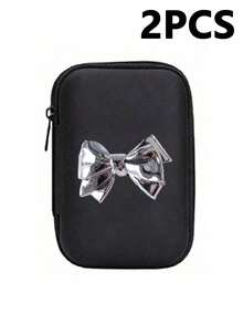 A Portable Mini Storage Bag With Y2k Silver Bow Decoration Elements, Waterproof And Drop Resistant Eva Material Hard Shell Camera Case, Shockproof Storage Box, Suitable For Storing Digital Cameras And Digital Products, Can Store Headphones, Data Cables - Black - View 16