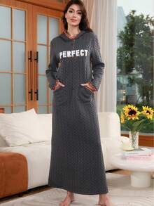 2025 Autumn/Winter Luxury Elegant Dignified Embroidered Design Kaftan Embroidered Long Sleeve Hooded Casual Robe With Pockets - Dark Grey - View 6