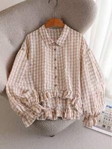 Plaid Shirt With Ruffle Trim, Button Front, Short Front Long Back, Pleated Ruffle Hem/Ruffle Vacation