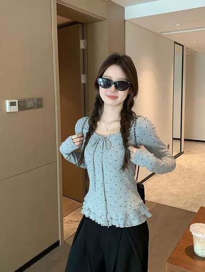 Polka Dot Ruffle Trim Long Sleeve T-Shirt For Women, Bowknot Tie Design, Slim Fit Crew Neck Pullover