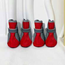 4pcs/Set Pet Dog Waterproof Warm Fleece Shoes, Anti-Slip Reflective Dog Booties For Outdoor Use, Autumn/Winter - Red - View 6