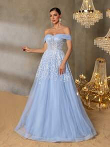 优雅珠饰亮片美人鱼晚礼服 - 露肩设计，饰以渐变珠饰和薄纱层叠，及地长裙摆，适合晚宴、新娘活动和红毯盛典。 - 淺藍色 - 查看 7