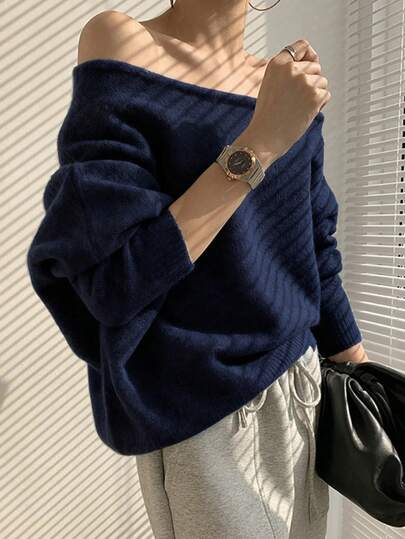 女士马海毛毛衣，露肩不对称宽松休闲上衣