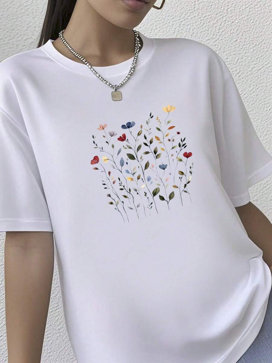 180g pure Cotton ®Vintage Pressed Flowers Shirt,Boho Cottagecore Tshirt Botanical Floral Tee Wildflowers Sweatshirt Fairycore Gift Garden Lover female Stylish Breathable Unisex Print Round Neck Short Sleeve streetwear T-Shirt For Women Casual designer clothes - Blanco - Ver 1