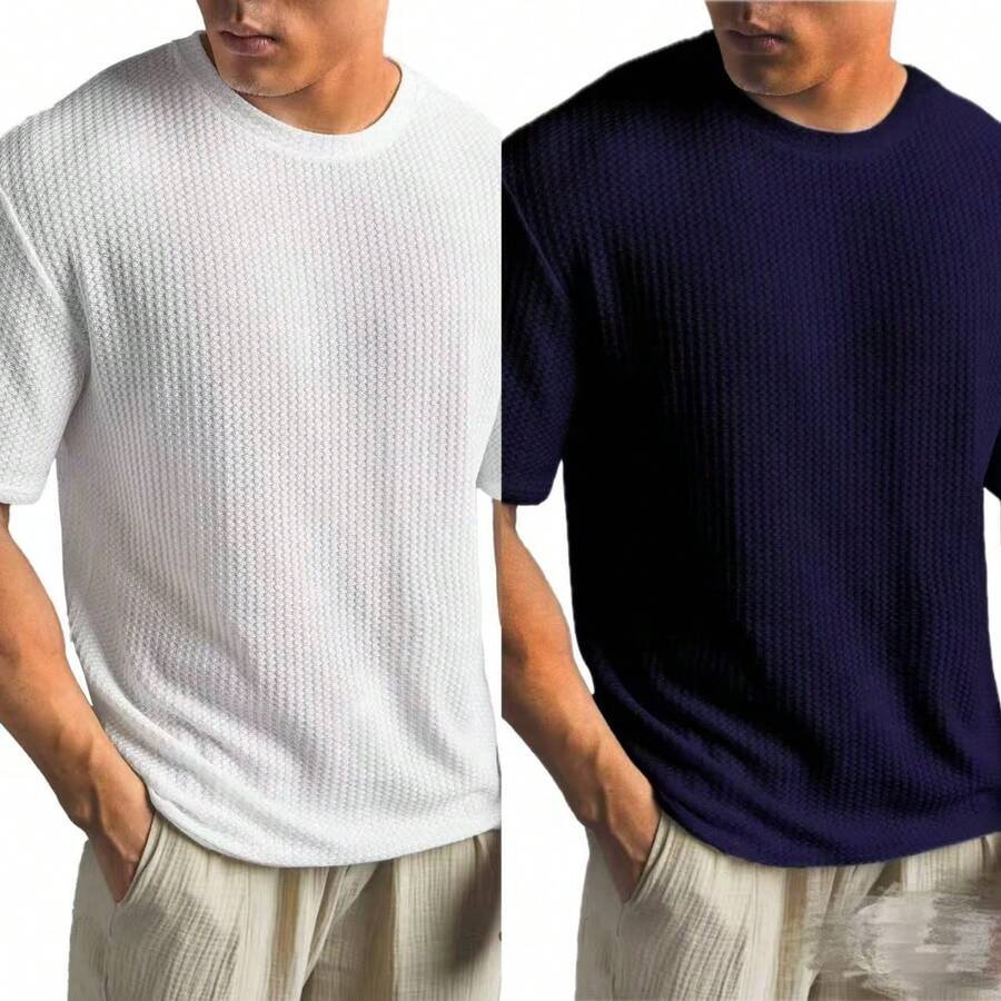 Kit Of 2 Men's Oversized Textured T-Shirts, 200g/M² Weight, Father's Day - azul marino+off - Ver 1
