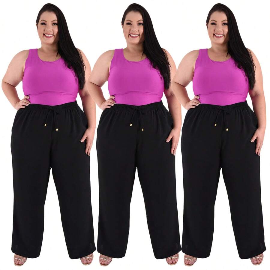Kit 3 Patanlona Plus Size Pants Women's High Waist Pockets Stylish Elegant Pockets - 3 黑色 - 查看 1
