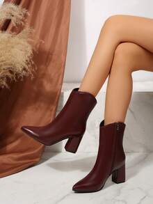 FVPFVP 2024秋冬新款法式时尚真皮高跟踝靴，粗跟，漆皮设计，女士专业正装靴，酒红色鞋跟 - 酒紅色 - 查看 3