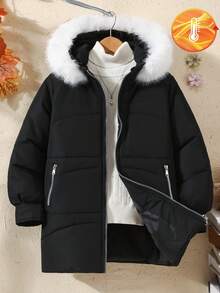 Tween Girls' Casual Mid-Length Hooded Parka With Fur Collar, Zipper Pockets, Warm Cotton Lining, Autumn/Winter - Black - View 1