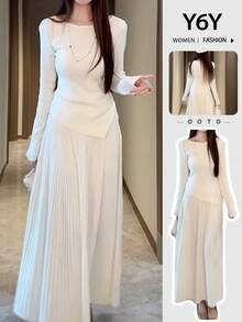 Y6Y Bộ đồ hai mảnh kiểu Pháp lãng mạn năm 2025 gồm áo len và chân váy dài, mang đến vẻ ngoài ấm áp, sang trọng và thoải mái cho đầu xuân/thu. - Màu be - Xem 12