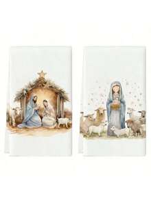 2 piezas Juego de toallas de cocina navideñas, toallas de cocina con escena de la Natividad, paños de cocina suaves y absorbentes, estilo rústico, trapos de limpieza modernos de microfibra súper absorbentes, toallas de té para cocinar y hornear, paños de cocina, súper suaves y muy absorbentes, decoración de cocina, accesorios de cocina, artículos esenciales para el hogar