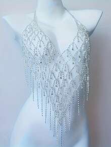 1 pezzo Catena per il corpo in cristallo traforata stile bohémien, gioiello sexy per bikini, catena per il petto da donna