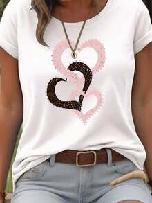 Camiseta básica de manga corta para mujer Otoño/Invierno 2025: cuello redondo, corte holgado, estampado de corazones de moda, tejido suave con caída impecable y ultra combinable - Blanco - Ver 2