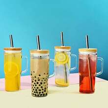 2 Pack Glass Tumbler Cups With Bamboo Lids And Straws 24oz Iced Coffee CupsReusable Mason Jar Drinking Glasses For Bubble Tea Beer Smoothie Juice Handle Cup - Clear - View 5