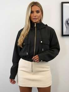 Women's Windbreaker Jacket With Double Lining, Front Pockets, Button Detail On The Cuff And Hood - MM Modas Oficial - 黑色 - 查看 1