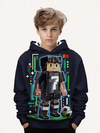 Boys' Fashionable Printed Casual Hoodie - Long Sleeve, Round Neck Pullover, Suitable For Spring & Autumn, Cool Prints