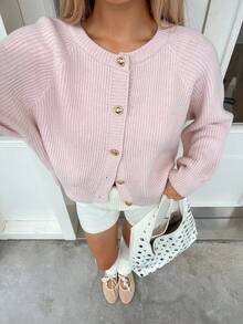 SEREN 秋冬新款粉色圆领纽扣针织开衫女宽松休闲时尚毛衣外套情人节上衣 - 藕粉色 - 查看 1