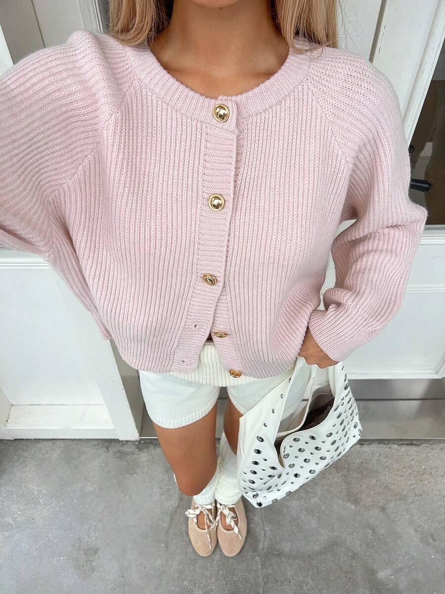 SEREN 秋冬新款粉色圆领纽扣针织开衫女宽松休闲时尚毛衣外套情人节上衣 - 藕粉色 - 查看 1