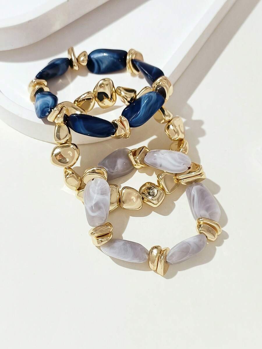 LADYCOCO 3件套复古厚实亚克力珠多层手链，可变换造型的金色碎屑手链，适合女性、情侣、派对、日常佩戴 - 多色23 - 查看 1