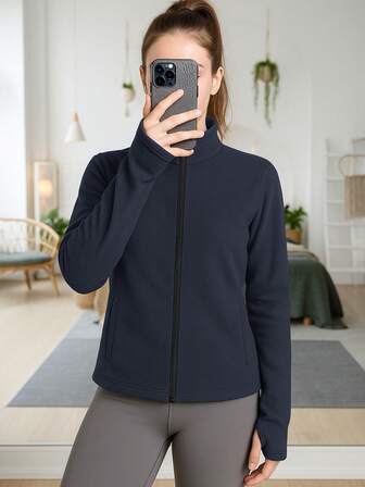 Women's Fleece Zip-Up Jacket With Thumbholes - Slim Fit Stand Collar Long Sleeve Outerwear For Running, Commuting, Skiing, And Cold Weather Outdoor Training,Winter,Skiing