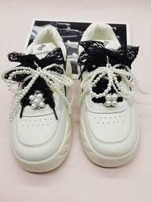 4pcs/6pcs Black & White Lace Shoelaces Decor, Y2K Style Faux Pearl Bow Flower Shoe Charms, Silver Resin Shoelace Clips DIY Accessories For Women's Sneakers, Boots, Suitable For Christmas, Halloween, Valentine's Day, Birthday, Holiday Party (Shoes Not Included) - Multicolor - View 4