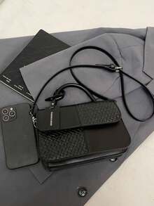 新款时尚经典百搭女士PU拼接手提包，编织设计手提包，方形包，单肩包，适合购物、聚会和约会 - 黑色 - 查看 5