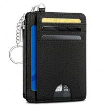 Black Minimalist Credit Card Holder Small Wallet Women, Business Slim RFID Blocking Wallet Woman Keychain With Zipper Coin Pocket, Front Pocket Thin Travel Card Case With ID Window For Ladies Gifts{"Color_name":"SolidBlack"} - 多色16 - 查看 1