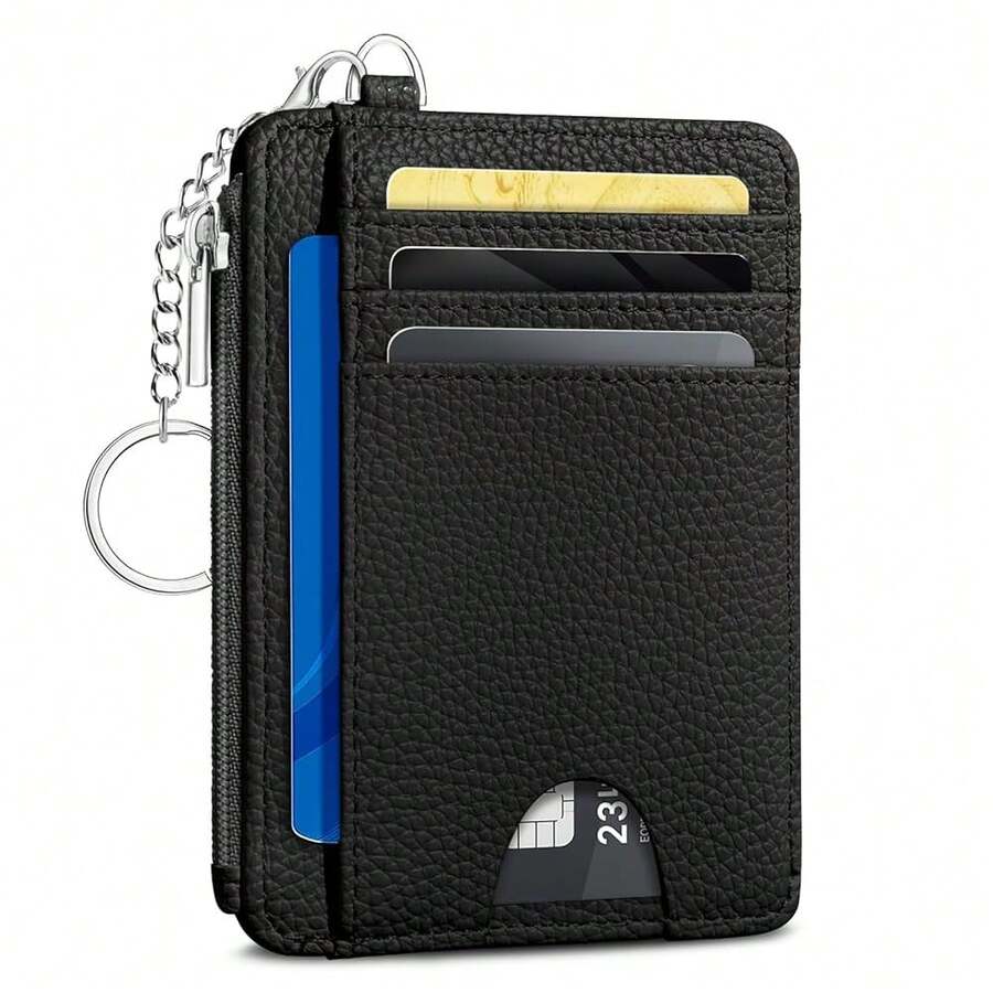 Black Minimalist Credit Card Holder Small Wallet Women, Business Slim RFID Blocking Wallet Woman Keychain With Zipper Coin Pocket, Front Pocket Thin Travel Card Case With ID Window For Ladies Gifts{"Color_name":"SolidBlack"} - 多色16 - 查看 1
