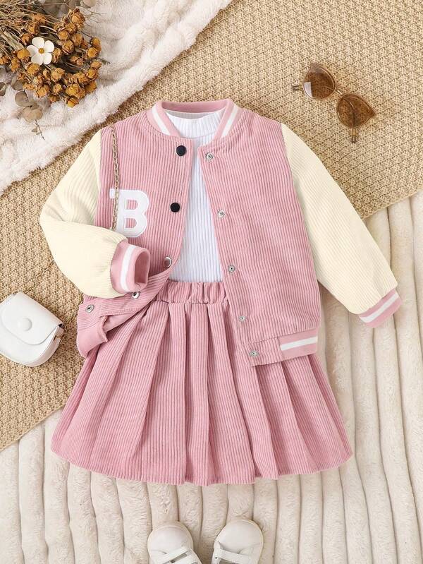 Young Girl 2pcs/Set American Style Baseball Jacket & Corduroy Mini Skirt, Casual For Autumn/Winter