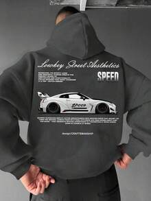 GRDR 男士连帽衫，汽车元素印花，袋鼠口袋，秋冬新款街头时尚 - 深灰色 - 查看 5