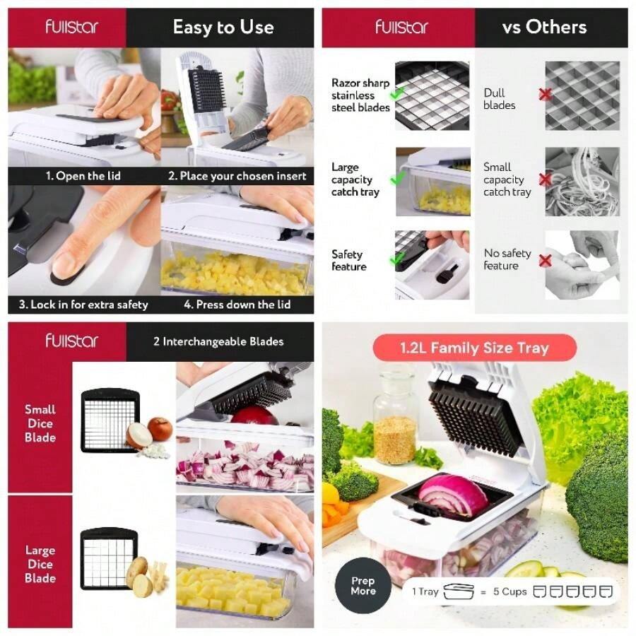 - Picador de verduras en espiralizador - Picador de cebolla con recipiente - Picador de alimentos profesional - Cortador de dados - 2 en 1, blanco - 2 en 1 + Blanco - Ver 1