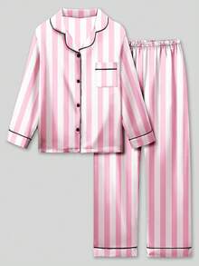 2pcs Tween Girl Pink & White Striped Long Sleeve Sleepwear Set - Multicolor - View 1