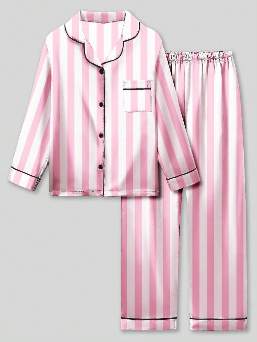 2pcs Tween Girl Pink & White Striped Long Sleeve Sleepwear Set - Multicolor - View 1