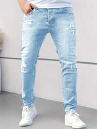 Męskie obcisłe, rozciągliwe, codzienne, obcisłe dżinsy typu slim fit z przetarciami