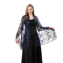 Shawls And Wraps For Evening Dresses,Women Formal 1920s Sequin Flower Sheer Shawls And Wraps For Wedding-{"Color_name":"NavyBlue"} - 海軍藍 - 查看 4