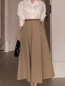 Solid Color High Waist Skirt With Pockets On Both Sides And Wide Hem - Apricot - View 1