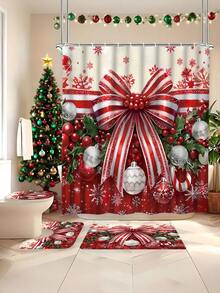 مجموعة هدايا تشمل ستارة حمام للزينة الشتوية والعيد بتصميم الكرات والسنديان والفرنسية والثلج بألوان أحمر وأخضر، قابلة للغسيل، ستارة نافذة الحمام، تشمل 12 خطاف و غطاء مقعد مرحاض مانع للانزلاق بشكل حرف U