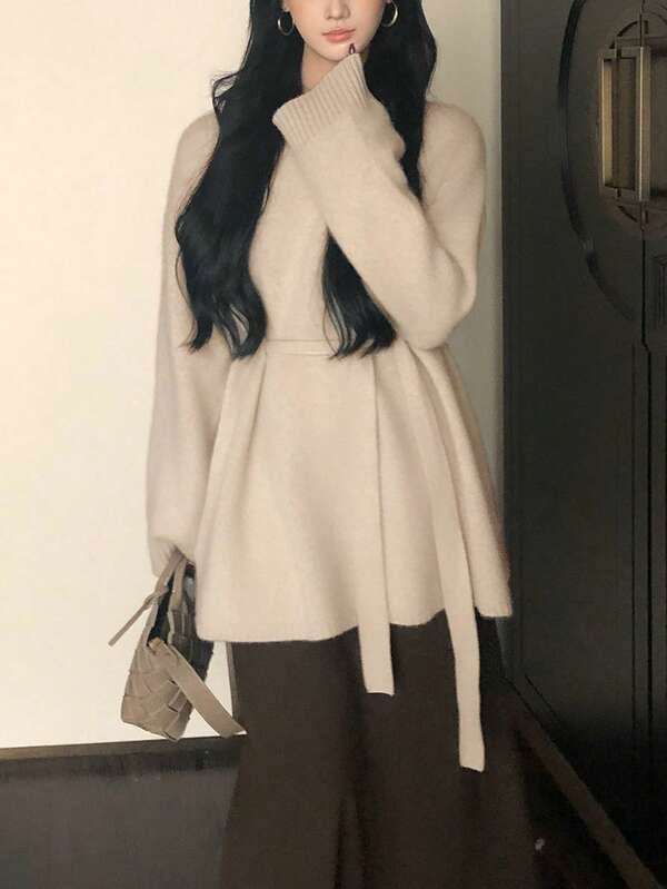 Alicedudu Femmes Élégant Casual Long Pull Avec Design de Ceinture, Automne/Hiver