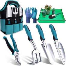 7-Piece Gardening Tools Set, Non-Slip Ergonomic Handle, Repotting Mat, Rust-Proof SS, Handbags & Gloves For All - As Pic - View 1