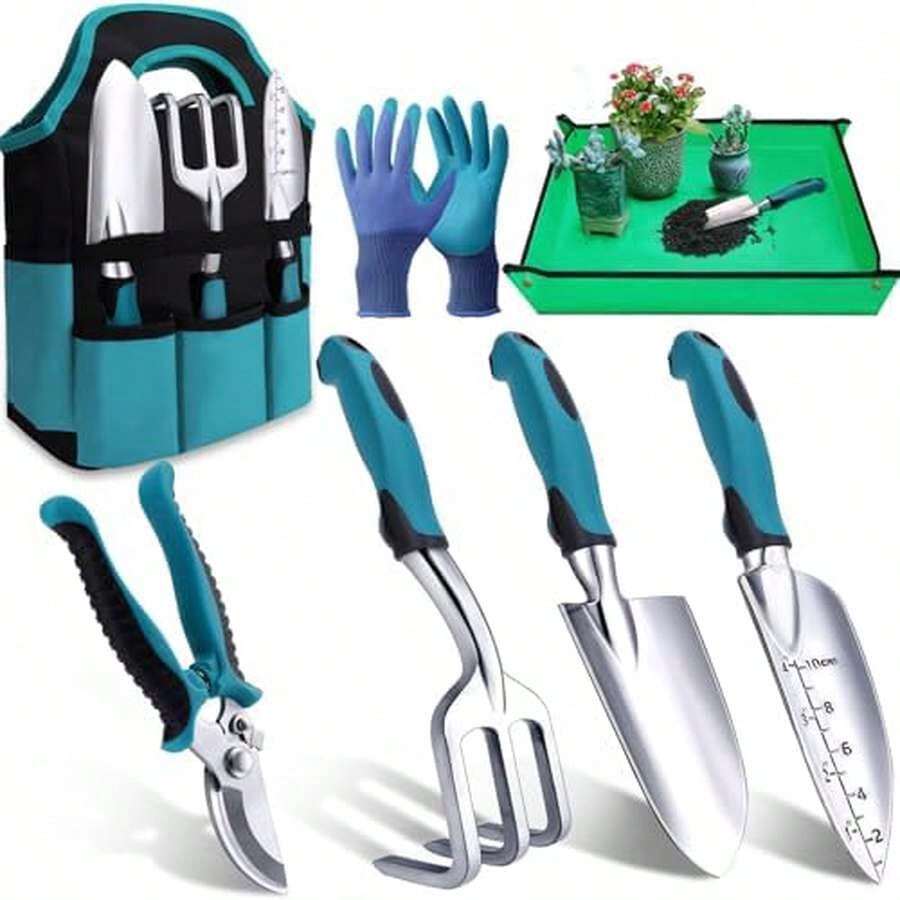 7-Piece Gardening Tools Set, Non-Slip Ergonomic Handle, Repotting Mat, Rust-Proof SS, Handbags & Gloves For All - As Pic - View 1