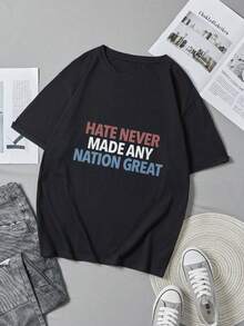 Round Neck Black T-Shirt with HATE NEVER MADE ANY NATION GREAT Print for Casual Wear - Negro - Ver 1