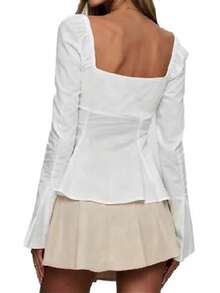Womens Tie-Up Front Tops Long Sleeve Square Neck Solid Color Split Shirts Spring Fall Blouses - White - View 6