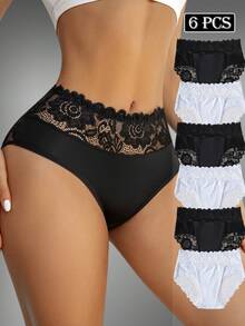 6pcs/Pack Women's High Waist Seamless Lace Thong Panties - Black and White - View 2